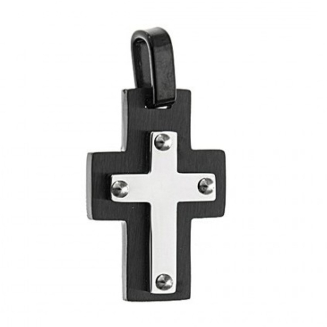 Men's steel cross with chain 316L silver and black